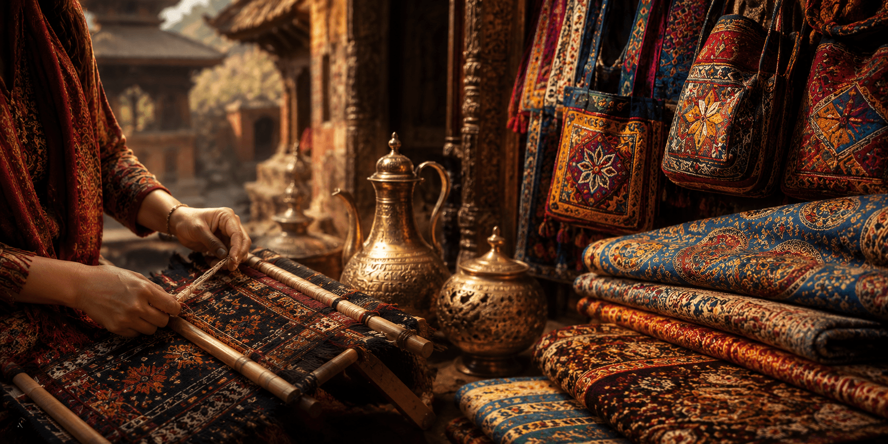 Hand-loomed textiles drying in a Nepalese artisan workshop